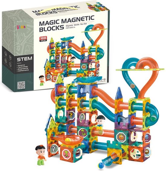 Kiddel XXL Magnetische Knikkerbaan interactief bouwpakket / Bouwset kinderen volwassenen - 188 Stuks - Magnetic Tiles - Constructie Speelgoed - Magnetische Tegels - Montessori Speelgoed - Kiddeltoys