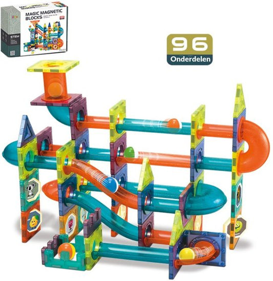 Kiddel XL Magnetische Knikkerbaan interactief DIY Bouwpakket volwassenen 96 stuks - Educatief Speelgoed montessori voor Kinderen kinderspeelgoed met knikkers - Magnetic Tiles - Constructie Speelgoed - Magnetische Tegels - Montessori Speelgoed - Kiddeltoys