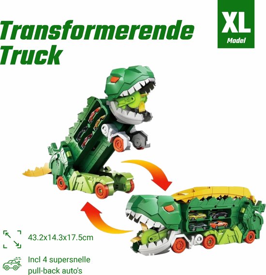 Kiddel XL Dinosaurus race track auto inclusief raceauto's, Groen - Uitklapbaar en bestuurbare dino auto / truck - Kinderspeelgoed vanaf 3 jaar - Kiddeltoys