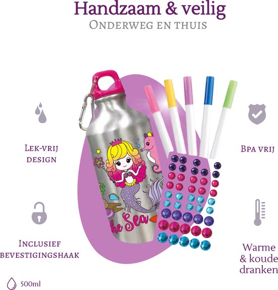 Kiddel Prinsessen DIY Waterfles Kind – Inkleurbare Drinkfles met Stiften & Stickers – Creatieve BPA-vrije Herbruikbare Fles – Knutselcadeau Meisjes vanaf 3 Jaar – RVS Lekvrije Drinkfles - Kiddeltoys