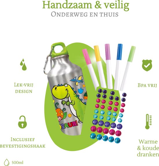 Kiddel Dinosaurus DIY Waterfles Kind – Inkleurbare Drinkfles met Stiften & Stickers – Creatieve BPA-vrije RVS Fles – Herbruikbaar Knutselcadeau voor Jongens & Meisjes vanaf 3 Jaar - Kiddeltoys