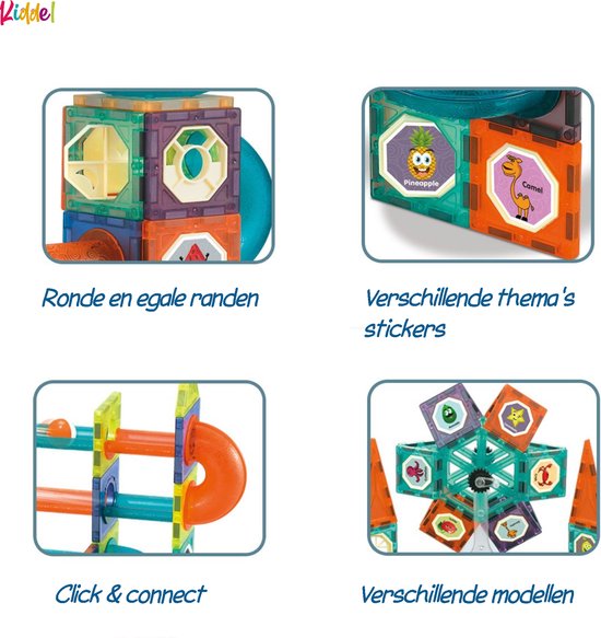 Kiddel XXL Magnetische Knikkerbaan interactief bouwpakket / Bouwset kinderen volwassenen - 188 Stuks - Magnetic Tiles - Constructie Speelgoed - Magnetische Tegels - Montessori Speelgoed - Kiddeltoys