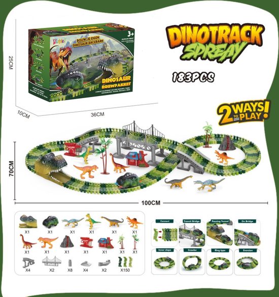 XL Dinosaurus Racebaan met auto - 183-Delig, Elektrische Dino Karts auto met LED, Uitbreidbaar & Flexibel Ontwerp met accesoires / bouwset 3 jaar 4 jaar dinosaurus speelgoed cadeau - Kiddeltoys