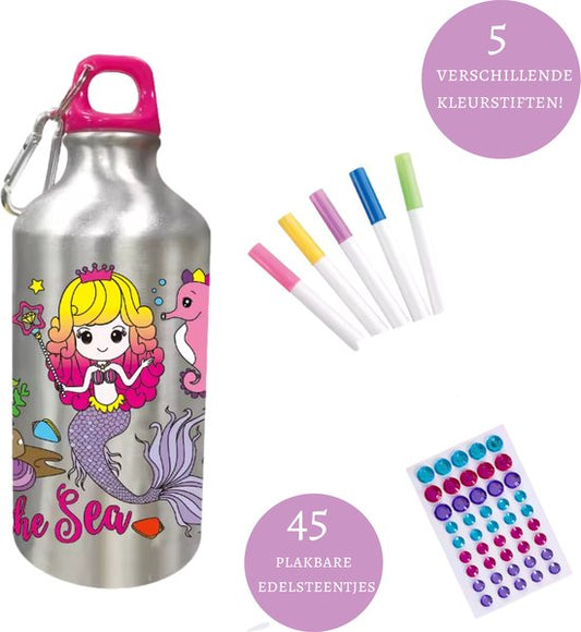 Kiddel Prinsessen DIY Waterfles Kind – Inkleurbare Drinkfles met Stiften & Stickers – Creatieve BPA-vrije Herbruikbare Fles – Knutselcadeau Meisjes vanaf 3 Jaar – RVS Lekvrije Drinkfles - Kiddeltoys