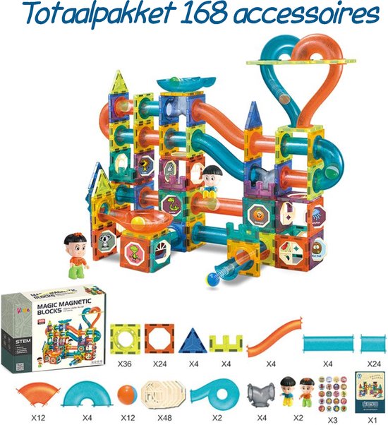 Kiddel XXL Magnetische Knikkerbaan interactief bouwpakket / Bouwset kinderen volwassenen - 188 Stuks - Magnetic Tiles - Constructie Speelgoed - Magnetische Tegels - Montessori Speelgoed - Kiddeltoys