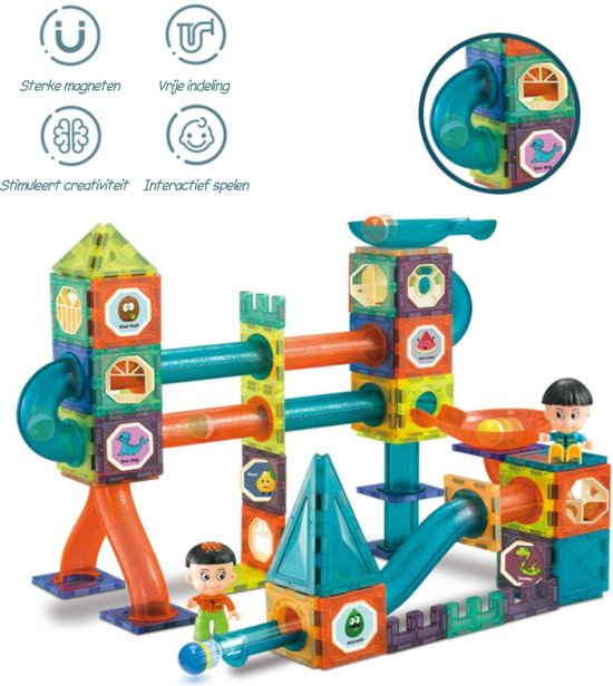 Kiddel XXL Magnetische Knikkerbaan interactief bouwpakket / Bouwset kinderen volwassenen - 188 Stuks - Magnetic Tiles - Constructie Speelgoed - Magnetische Tegels - Montessori Speelgoed - Kiddeltoys