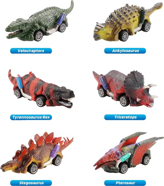 Kiddel Pull Back Dinosaurus Autootjes Set – Raceauto set met 6 Verschillende Dino Dinosaurusmodellen - Kiddeltoys