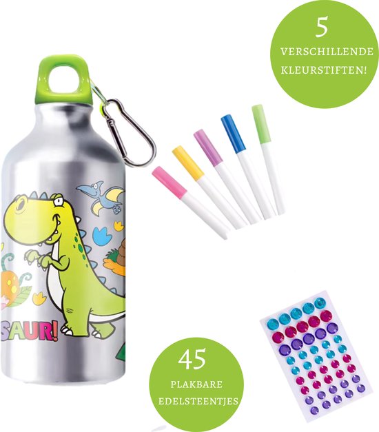 Kiddel Dinosaurus DIY Waterfles Kind – Inkleurbare Drinkfles met Stiften & Stickers – Creatieve BPA-vrije RVS Fles – Herbruikbaar Knutselcadeau voor Jongens & Meisjes vanaf 3 Jaar - Kiddeltoys