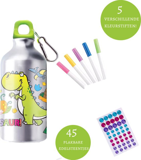 Kiddel Dinosaurus DIY Waterfles Kind – Inkleurbare Drinkfles met Stiften & Stickers – Creatieve BPA-vrije RVS Fles – Herbruikbaar Knutselcadeau voor Jongens & Meisjes vanaf 3 Jaar - Kiddeltoys