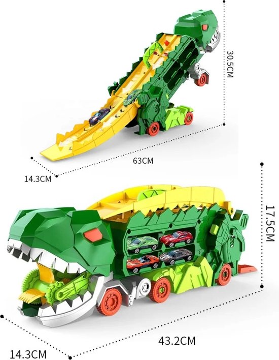 Kiddel XL Dinosaurus race track auto inclusief raceauto's, Groen - Uitklapbaar en bestuurbare dino auto / truck - Kinderspeelgoed vanaf 3 jaar - Kiddeltoys